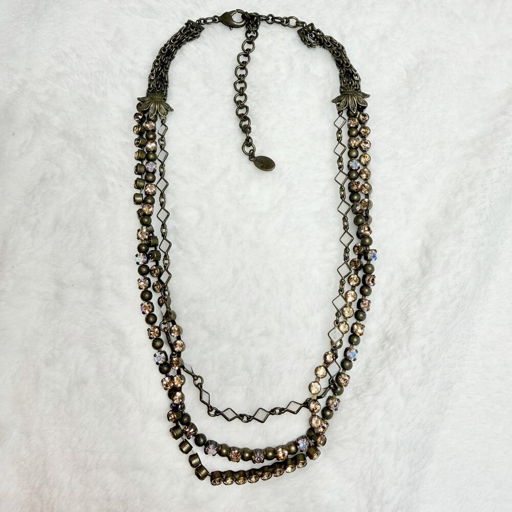 VTG Sorrelli Crystal Necklace Bronze Lobster Clasp Triple Row 8-10”